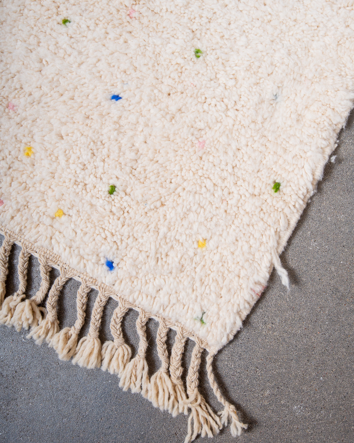 Modern, designer, handcrafted Berber rug from Morocco. Beniourain carpet with beautiful colours and patterns and fluffy wool texture.